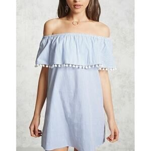 Forever 21 blue striped off shoulder Pom Pom dress